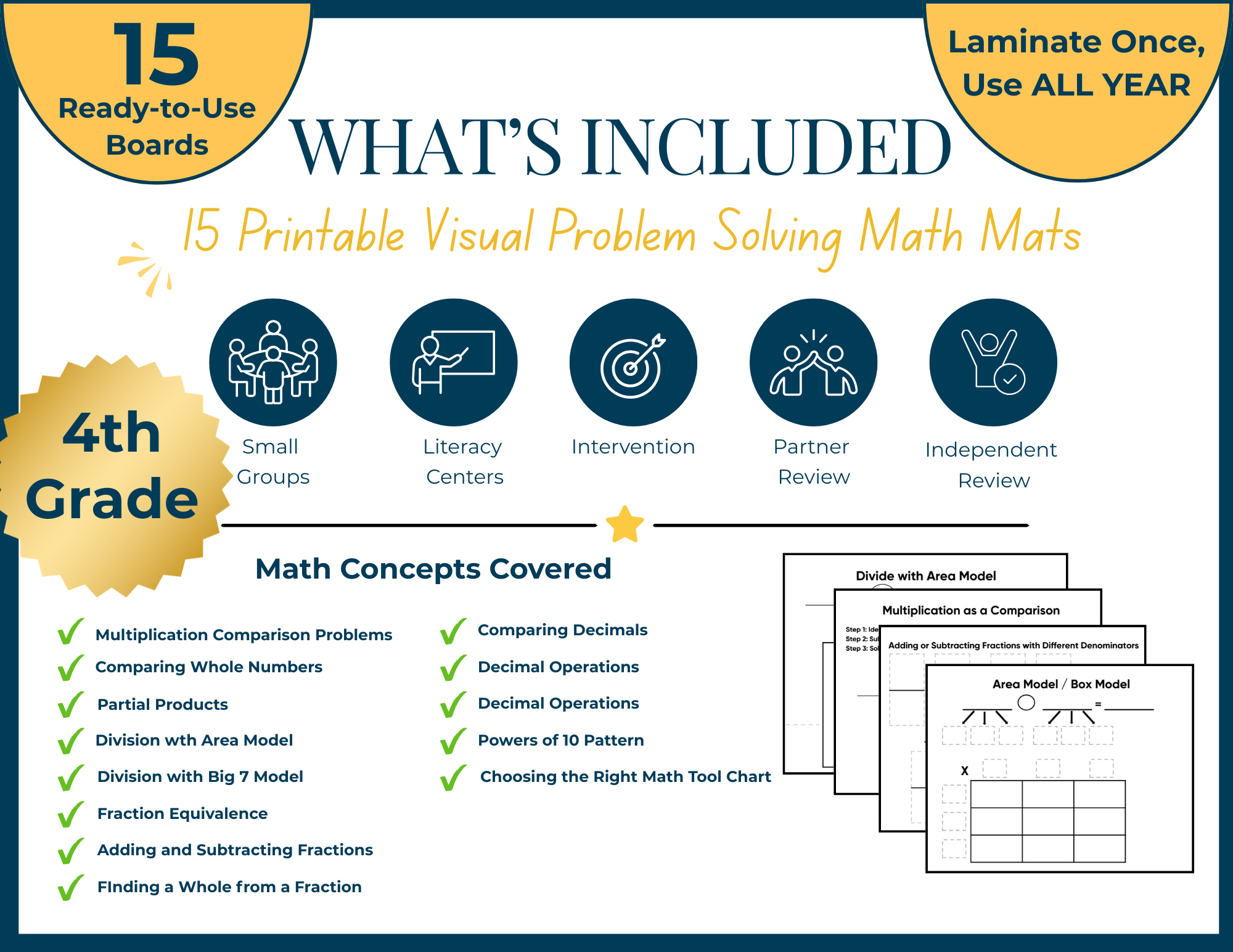 4th Grade Math Mat Tool Kit Bundle| 15 Printable Math Tools for Multiplication, Division, Fractions, Decimals, and Problem Solving